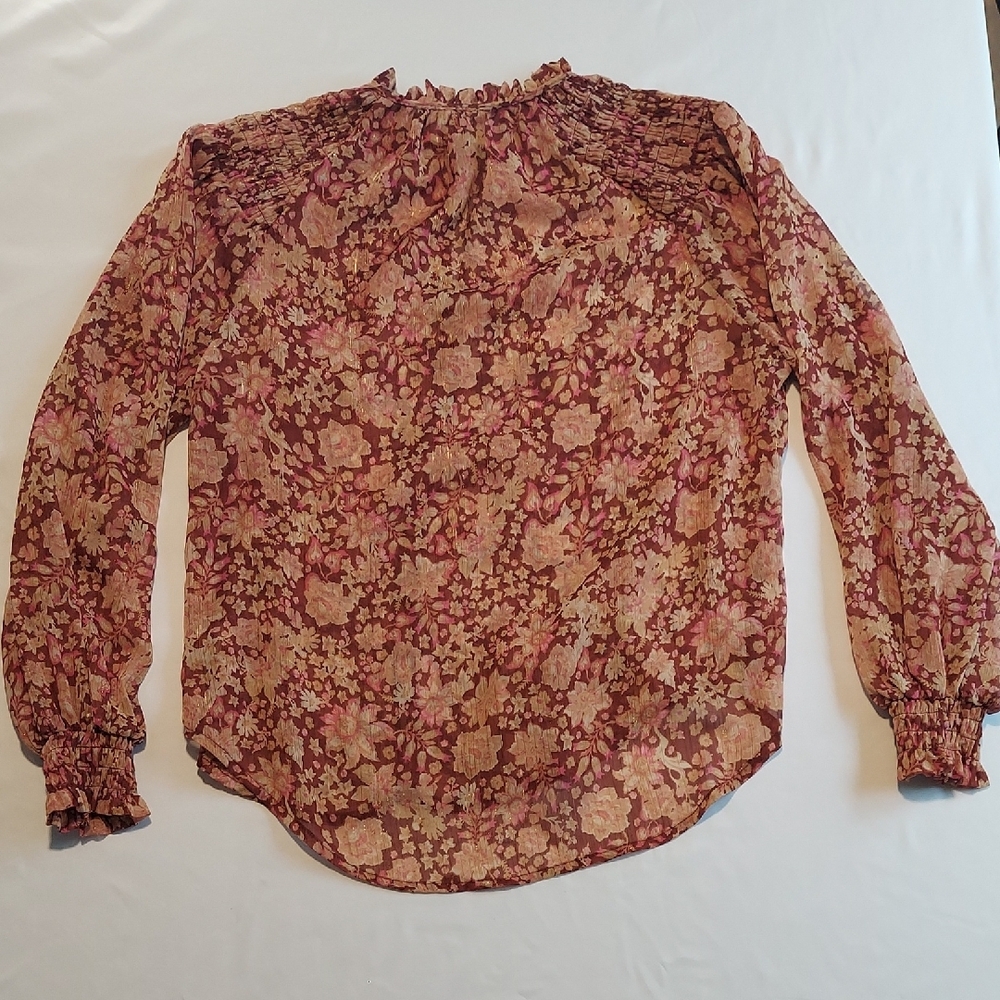 Joie Floral Smocked-Neck Blouse in Pink and Burgundy Sz. S Boho